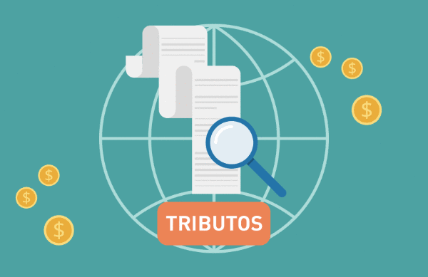 Ilustração de documentos tributários com lupa e moedas, representando planejamento tributário