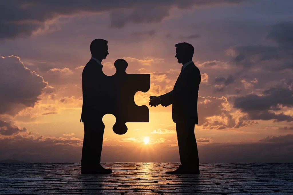 Silhuetas de dois empresários selando um acordo com uma peça de quebra-cabeça, representando fusão e incorporação societária