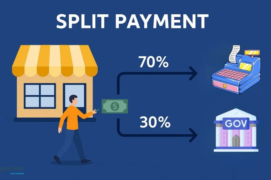Infográfico do mecanismo de split payment, mostrando a divisão automática do pagamento entre comerciante e governo